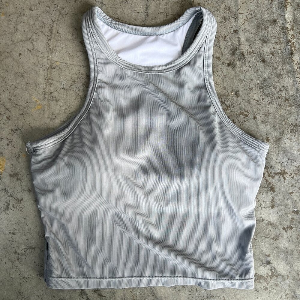 Athletic Grey Ribbed High Neck Workout Tank Top Sport Bra Women's M